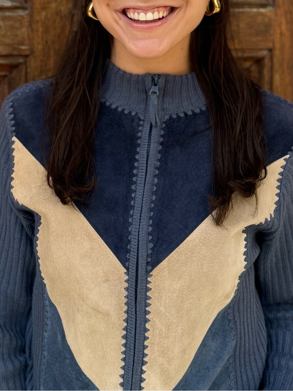 Vintage Suede Navy and Tan Chevron Zip Front Jacket